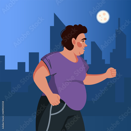 Vector illustration in a flat style with a young obese man running against the background of a night city. Healthy lifestyle, weight loss, sports, training, running
