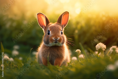 Baby bunny sitting in spring grass on the meadow. Generative AI