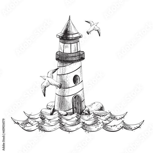 Sea lighthouse on stones with waves and flying seagulls. EPS hand drawn black and white vector graphic illustration. Isolated composition on a white background.