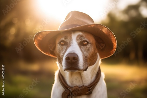 a dog that is brown and white and is wearing a brown cap. Generative AI photo