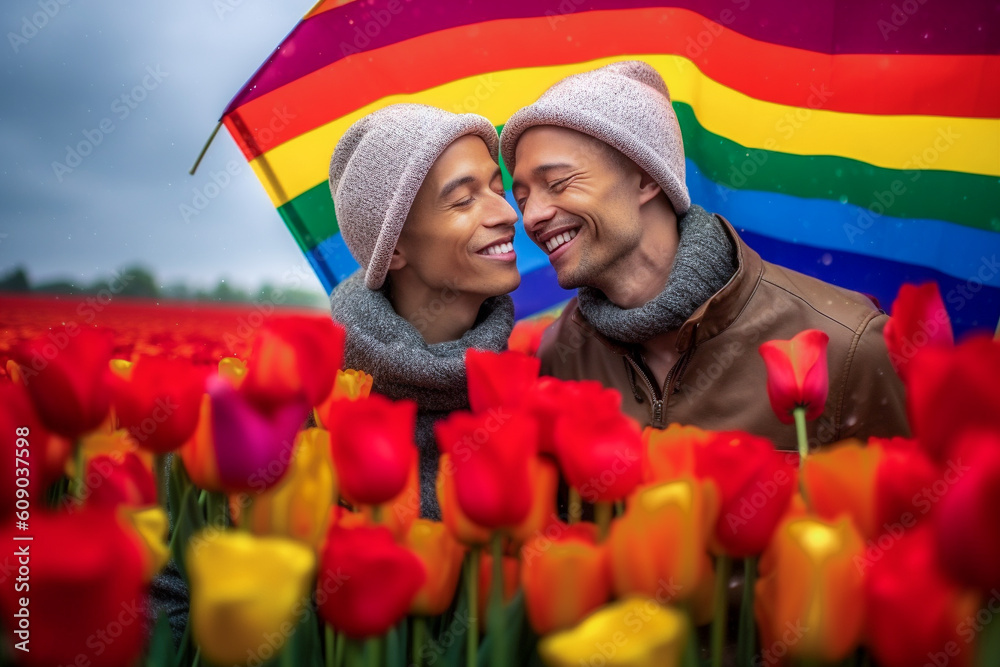 Happy Generative AI gay couple with rainbow flag color pattern ...