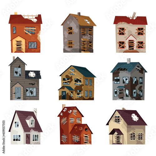 Old weathered houses and dwellings collection. Abandoned home in bad condition. Bad old trouble buildings with damaged roof, shabby walls and exteriors. Set of isolated neglected property