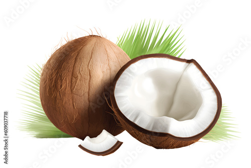3D realistic Coconut with half and leaves isolated vector 