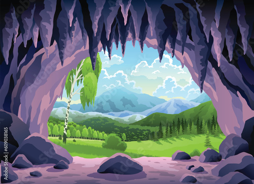 Cave landscape. Summer nature scene of cave entrance. Prehistoric dungeon, rock cavern game illustration. Vector illustration of tunnel in mountain or mine in rocks