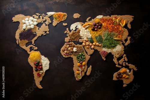 Feeding the World Sustainably, how can the world be fed in future. World Map made from different food. AI generative