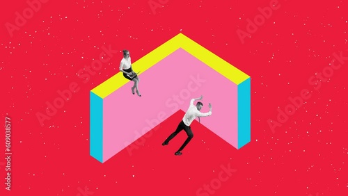 Contemporary art. Stop motion, animation. Employees, people working on career development. Man pushin blocks, woman working on laptop. Marketing department. Concept of cooperation, success, teamwork photo