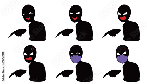 指を指しあざ笑うなどの悪人イメージの黒いシルエットの人物のイラストセット