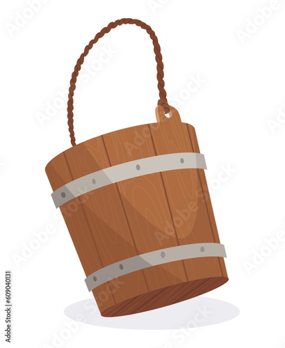 Wooden bucket with handle and without water. Container or empty pail for spa, sauna. Vector illustration isolated on white background