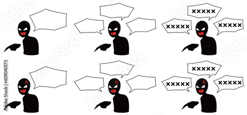 怒鳴りつける悪人イメージの黒いシルエットの人物と吹き出しのイラストセット