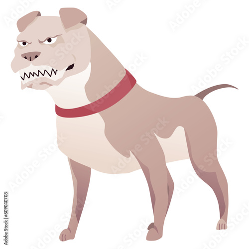 Angry dog. Mad animal with sharp teeth. Dangerous cartoon pet. Vector dog in action poses standing. Aggressive pooch isolated on white background