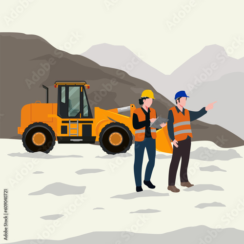 Female engineers and the worker are controlling the mineral mining site vector illustration