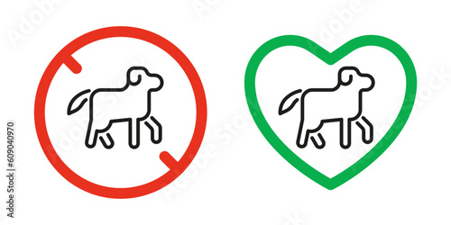 Dog pet forbidden and allowed  sign prohibition and friendly animal. Canine in red restriction circle and green approved heart. Vector