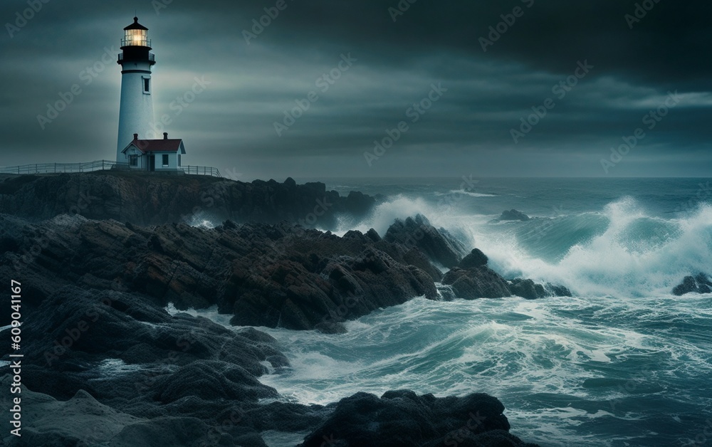 Lighthouse in the Storm: Iconic Beacon Illuminates the Rugged Coastline Amidst Turmoil, Generative AI