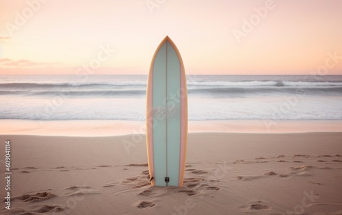 Exquisite Stock Photo: Surfboard Gracefully Upright in Sandy Beach, Background of Powerful Wave, Generative AI © junseok