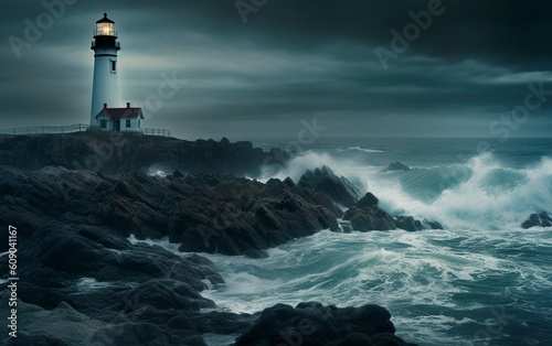 Lighthouse in the Storm: Iconic Beacon Illuminates the Rugged Coastline Amidst Turmoil, Generative AI
