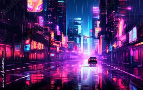 Night Magic: Awe-Inspiring Cityscape with Towering Buildings and Mesmerizing Neon Signs, Generative AI © junseok