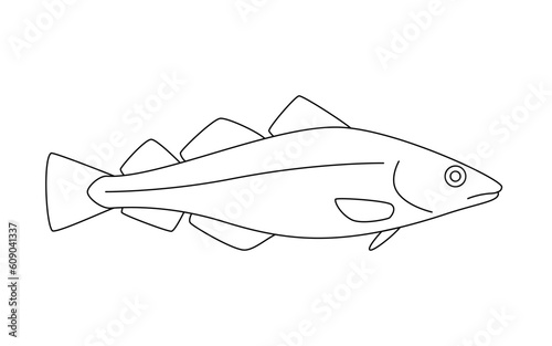 Codfish haddock line art, cod seafood and underwater animal. Water delicacy, gourmet. Fishing. Coloring for children. Vector illustration isolated