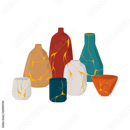 Vector set of Kintsugi ceramics. A composition of dishes made in oriental technique with golden lines. Restored antique tableware. Isolated design on a white background.
