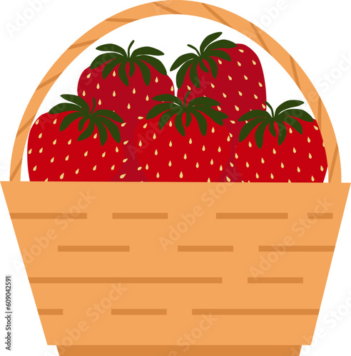 Vector illustration of straw basket with strawberries in cartoon style