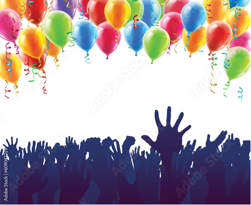 A crowd or audience group in silhouette at a party with hands up and balloons concept