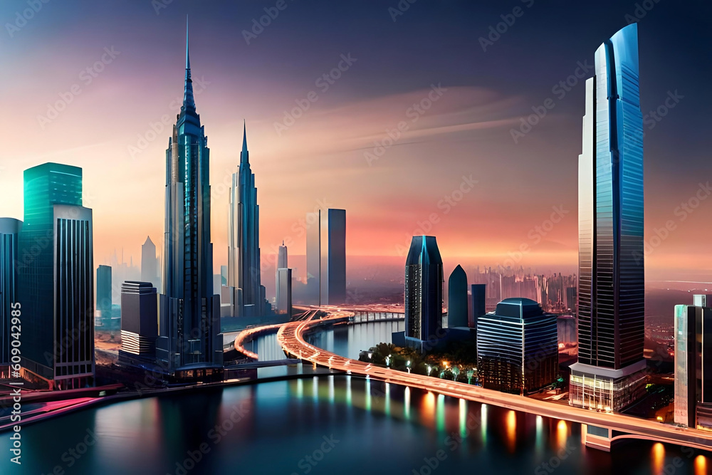 Fototapeta premium A futuristic cityscape with towering skyscrapers, sleek architecture, and holographic billboards illuminating the urban landscape, a sense of energy and technological advancement permeating the scene