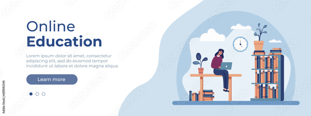 Online education concept. Website page vector layout. Flat style illustration of a girl studying online with a laptop. Students study online at home. Vector illustration EPS 10