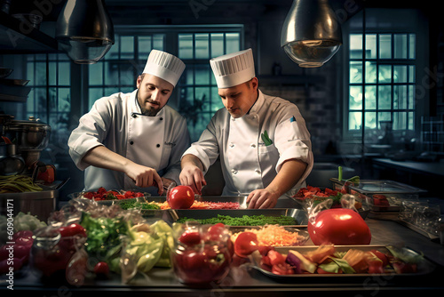 Two top gourmet chefs in uniform preparing vegetables and cooking in the kitchen