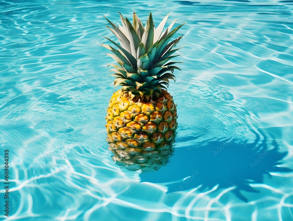 A pineapple floating in a pool water. Summer vacation concept. A pineapple floating in a pool water. Summer vacation concept.