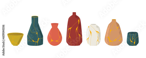 Vector set of Kintsugi ceramics. A collection of dishes made in oriental technique with golden lines. Restored antique tableware. Isolated design on a white background.