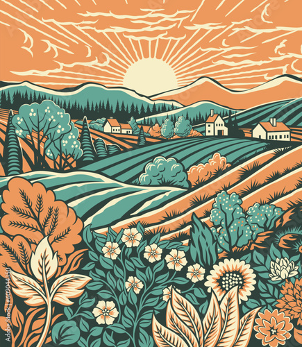 Rolling hills, fields and farm or vineyards background illustration. Wild flowers, plants in foreground. Forests, mountains in background. In intage retro woodcut or lino print or linoleum cut style