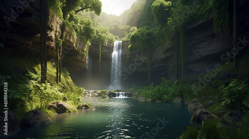 Panoramic beautiful deep forest waterfall © Witri