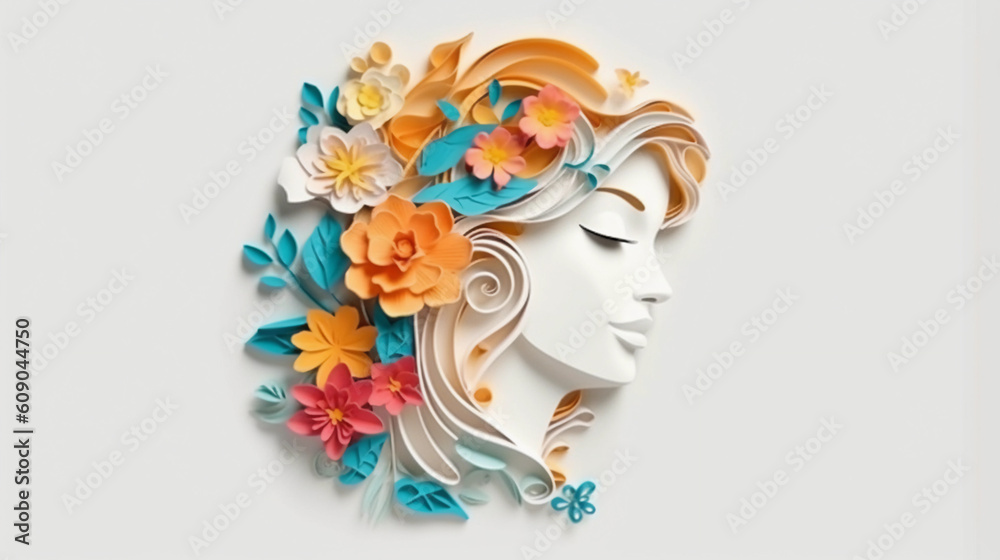 woman head with flowers. paper cut design. Generative AI