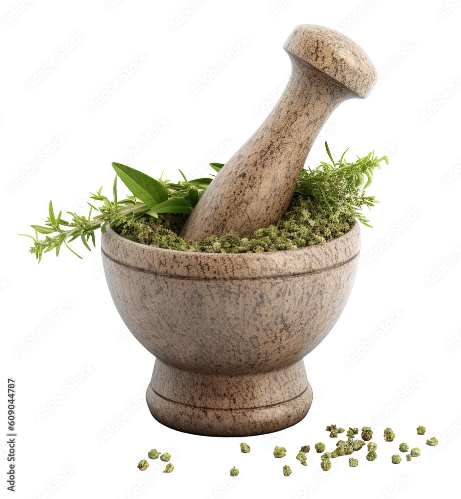 A mortar and pestle with crushed herbs on transparent  background