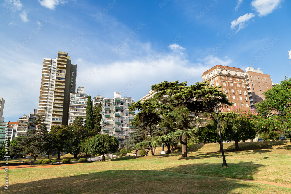 ROSARIO, ARGENTINA. Panoramic view of the downtown of the city and the Barranca de las Ceibas Square in foreground.
