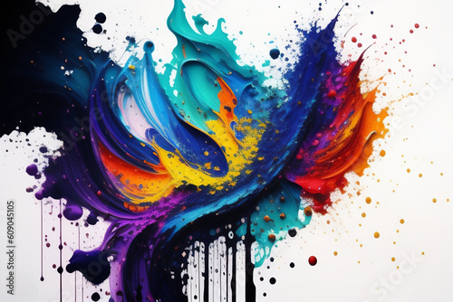 Vibrant paint splash background image. Splashing wave of vibrant rainbow colors on a white background. Blotching and distressed ink spots. Digital art.