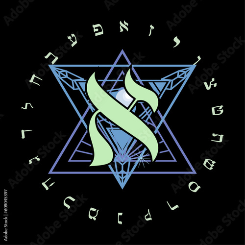 Vector illustration of the Hebrew alphabet in circular design. Hebrew letter called Aleph large and green.
