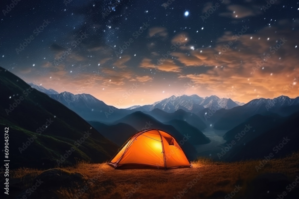 Illuminated camp tent under a view of the mountains and a starry sky. Generative AI
