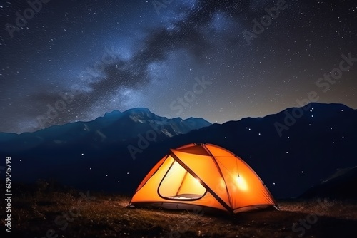 Illuminated camp tent under a view of the mountains and a starry sky. Generative AI