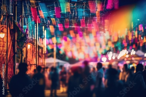 Out of focus photo, crowd of people partying, bokeh lights scene. Generative AI