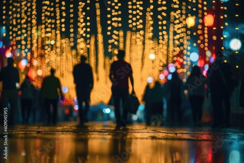 Out of focus photo, crowd of people partying, bokeh lights scene. Generative AI