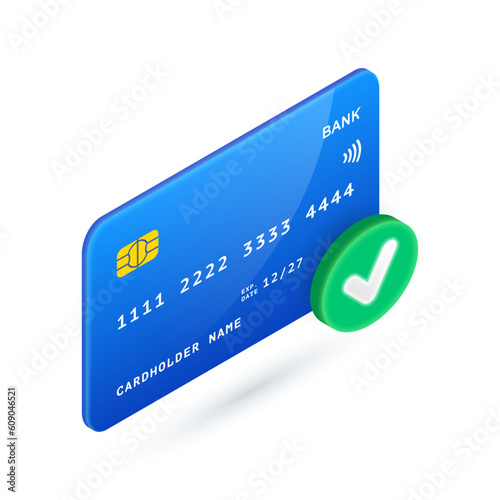 Confirm Online Payment 3D icon. Vector Isometric credit card with green check mark sign. Approved purchase, successful payment symbol. Verified transaction, completed money transfer. For web, app, ad.