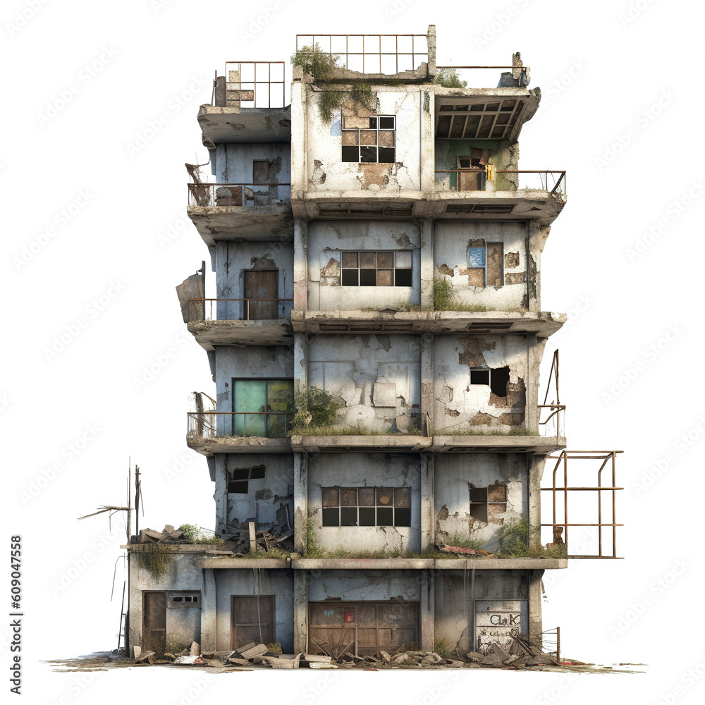 abandoned ruined destroyed apocalyptic city building on transparent background