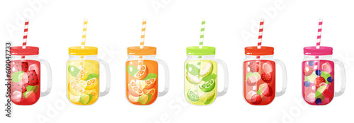 Different fruits and berries cold drinks in a glass jar with cap and straw. Soft drinks vector illustration.