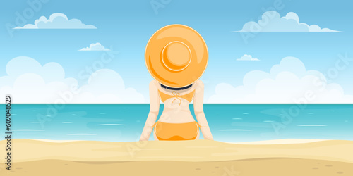 Sea ​​view scene, Woman wearing orange swimsuit with sun hat, Vector illustration.