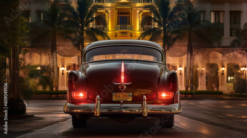 the back of a car with its tail lights on as it parks in front of a hotel