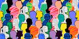 Colorful diverse people crowd abstract art seamless pattern. Multi-ethnic community, big cultural diversity group background illustration in modern collage painting style.