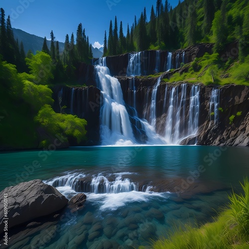  A serene natural landscape with a cascading waterfall flowing into a crystal-clear lake, surrounded by lush greenery and majestic mountains in the distance, creating a sense of tranquility.