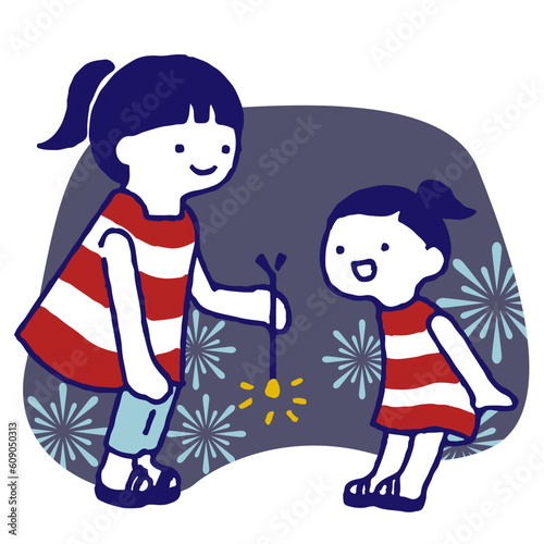 手持ち花火をする仲良し姉妹