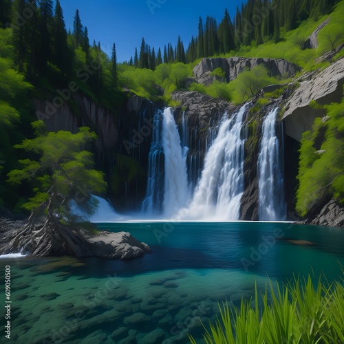  A serene natural landscape with a cascading waterfall flowing into a crystal-clear lake, surrounded by lush greenery and majestic mountains in the distance, creating a sense of tranquility.