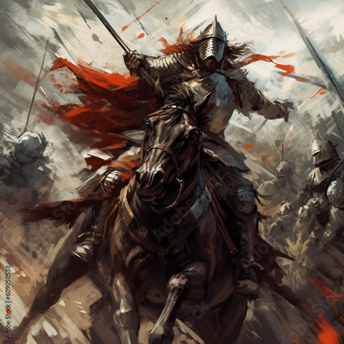 a knight riding a horse in a battle